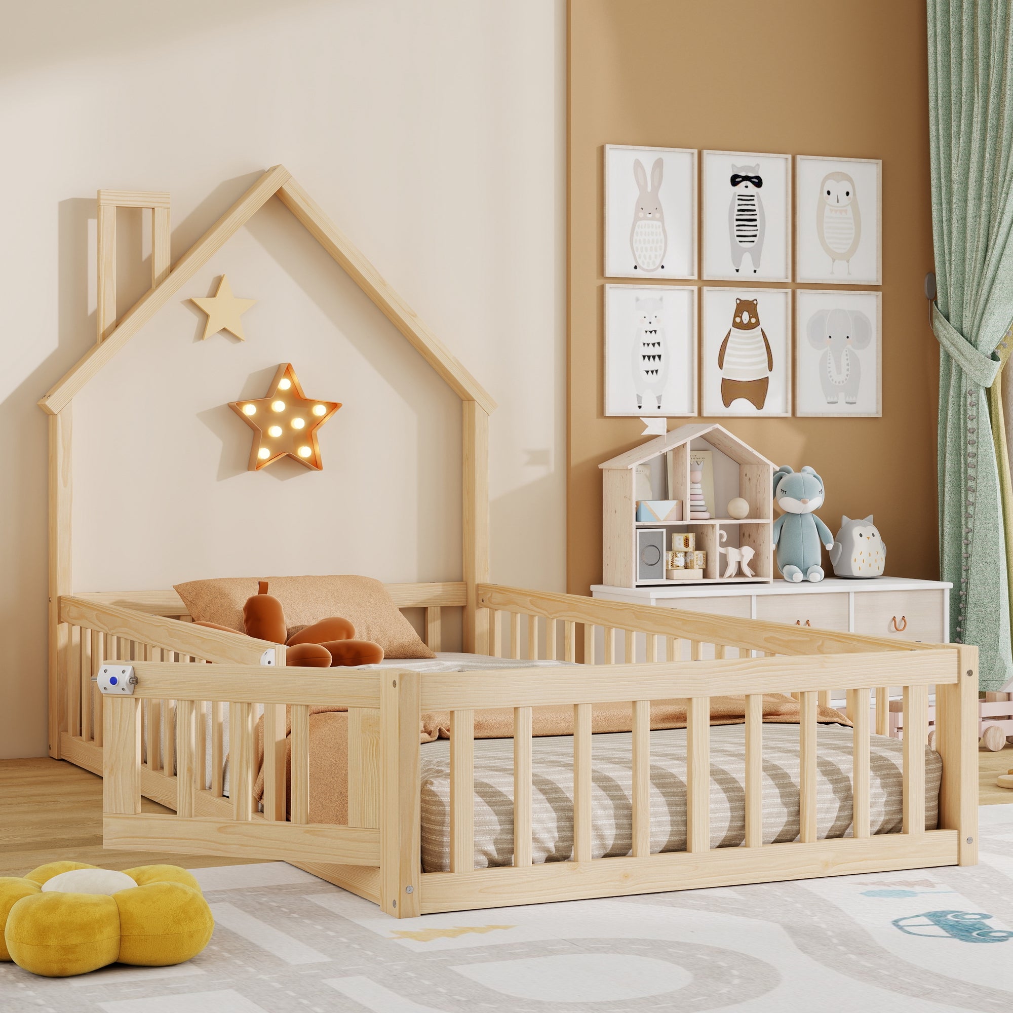 Children's House Bed 90x200 cm Chimney Shape, Natural Pine Wood