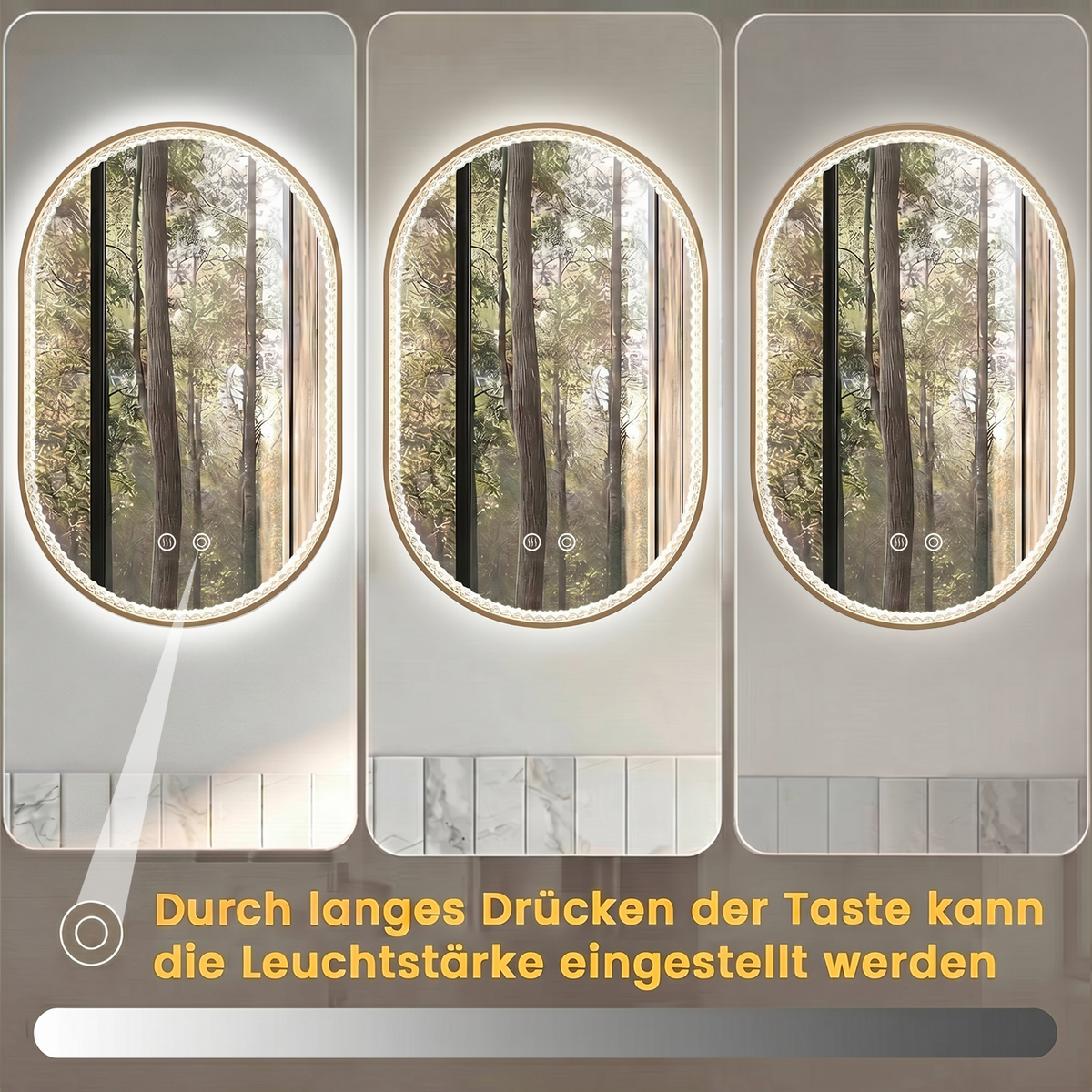 Oval Bathroom Mirror 50x80cm LED Anti-Fog Brushed Gold Frame