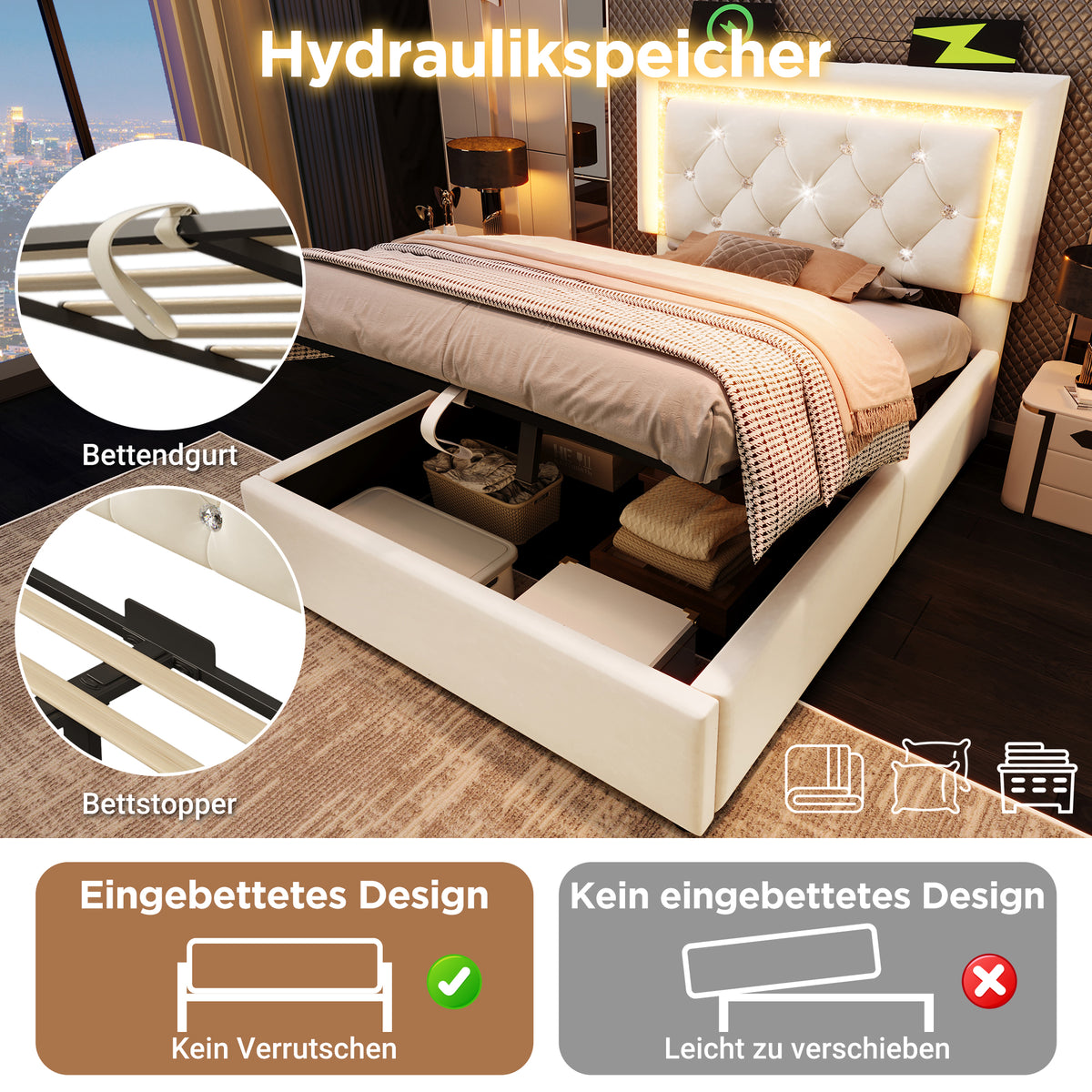 Upholstered Bed 90x200cm with LED & Storage, Beige Velvet