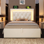 Upholstered Bed 90x200cm with LED & Storage, Beige Velvet