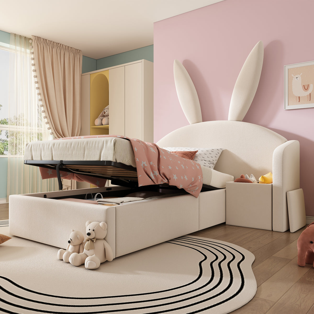 Bunny Ear Kids Bed 90x190cm, Hydraulic Storage, Beige Velvet