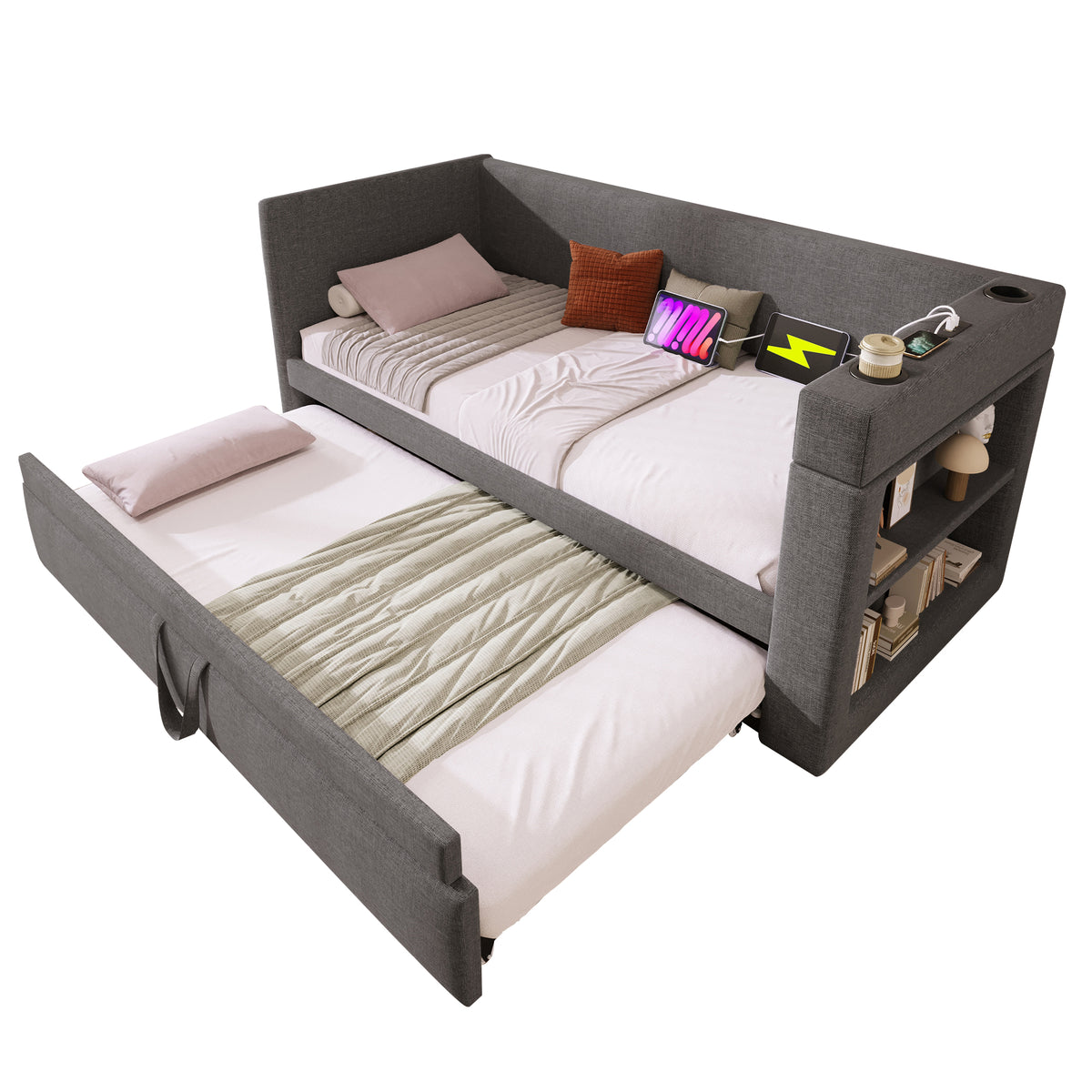 Upholstered Bed 140x200cm with USB, Storage & LED, Grey