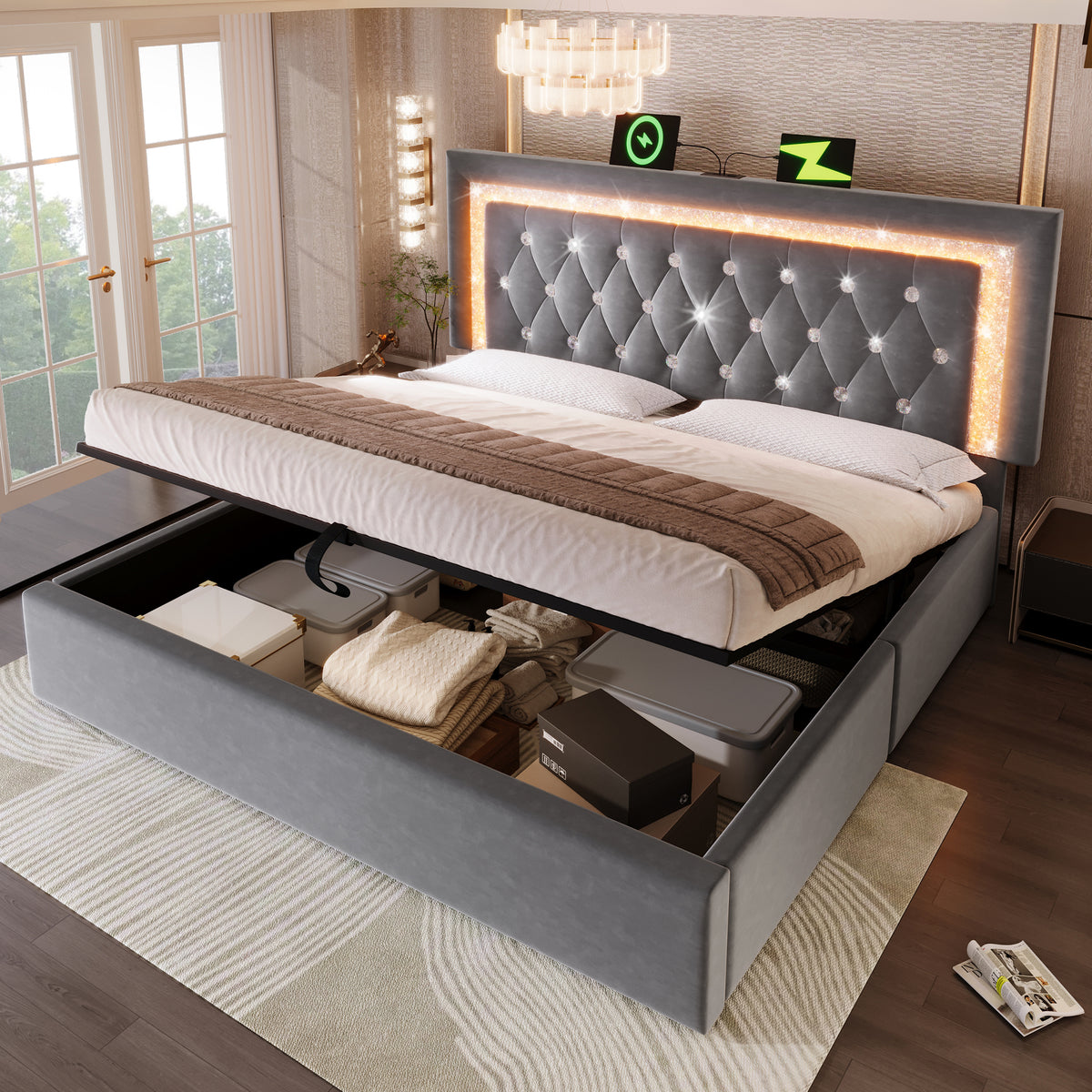 Upholstered Bed 180x200cm with LED & Storage, Grey Velvet