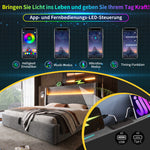 Hydraulic Double Bed 160x200 with LED, Storage & USB, Grey Linen