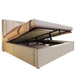 Upholstered Bed 140x190cm with Storage & Charging, Beige Linen