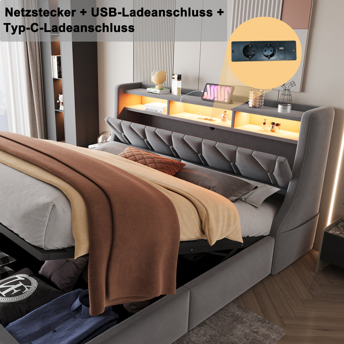 Upholstered Storage Bed 180x200 with LED & Power Outlet, Grey Velvet