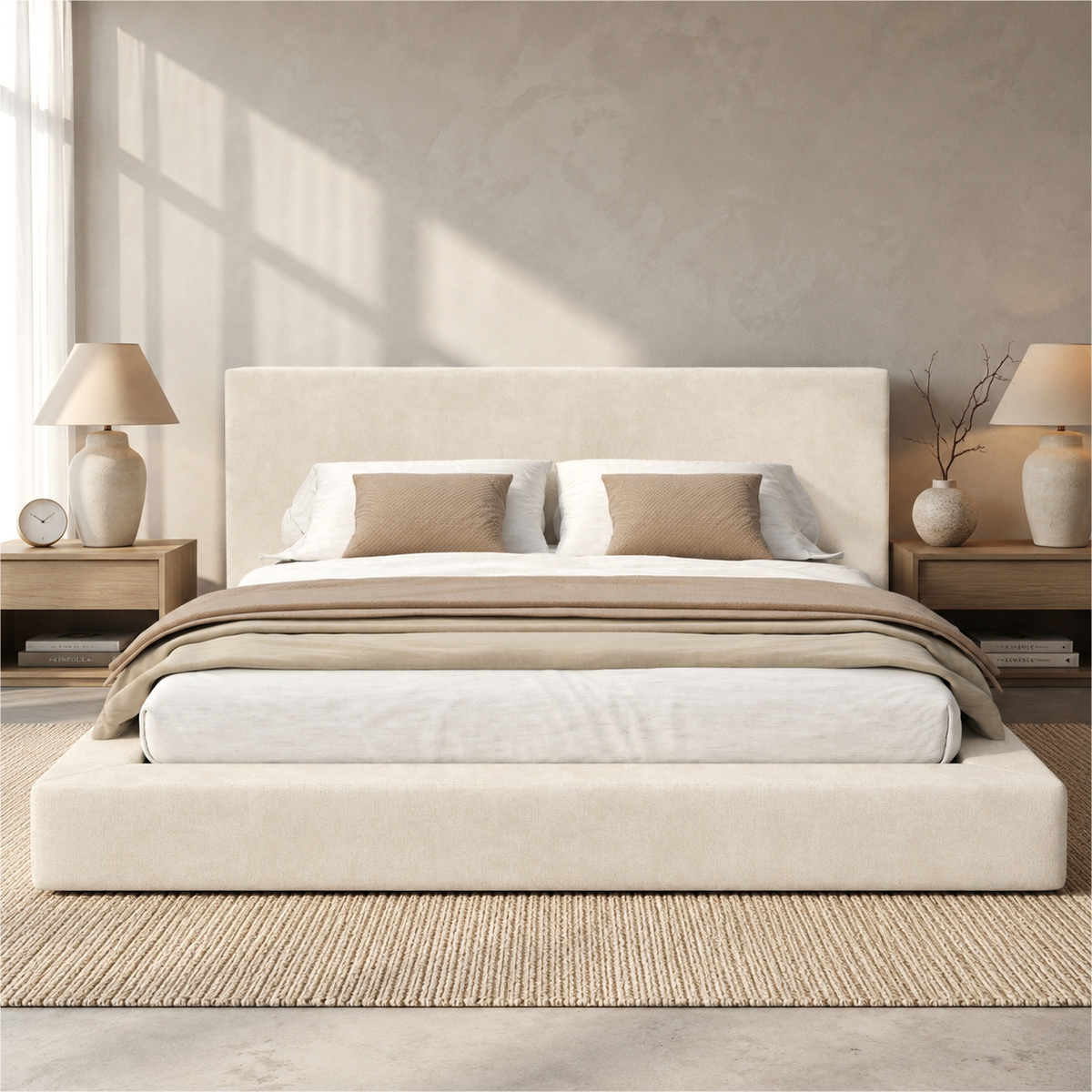Upholstered Double Bed 160x200cm with Slatted Base, Beige Chenille