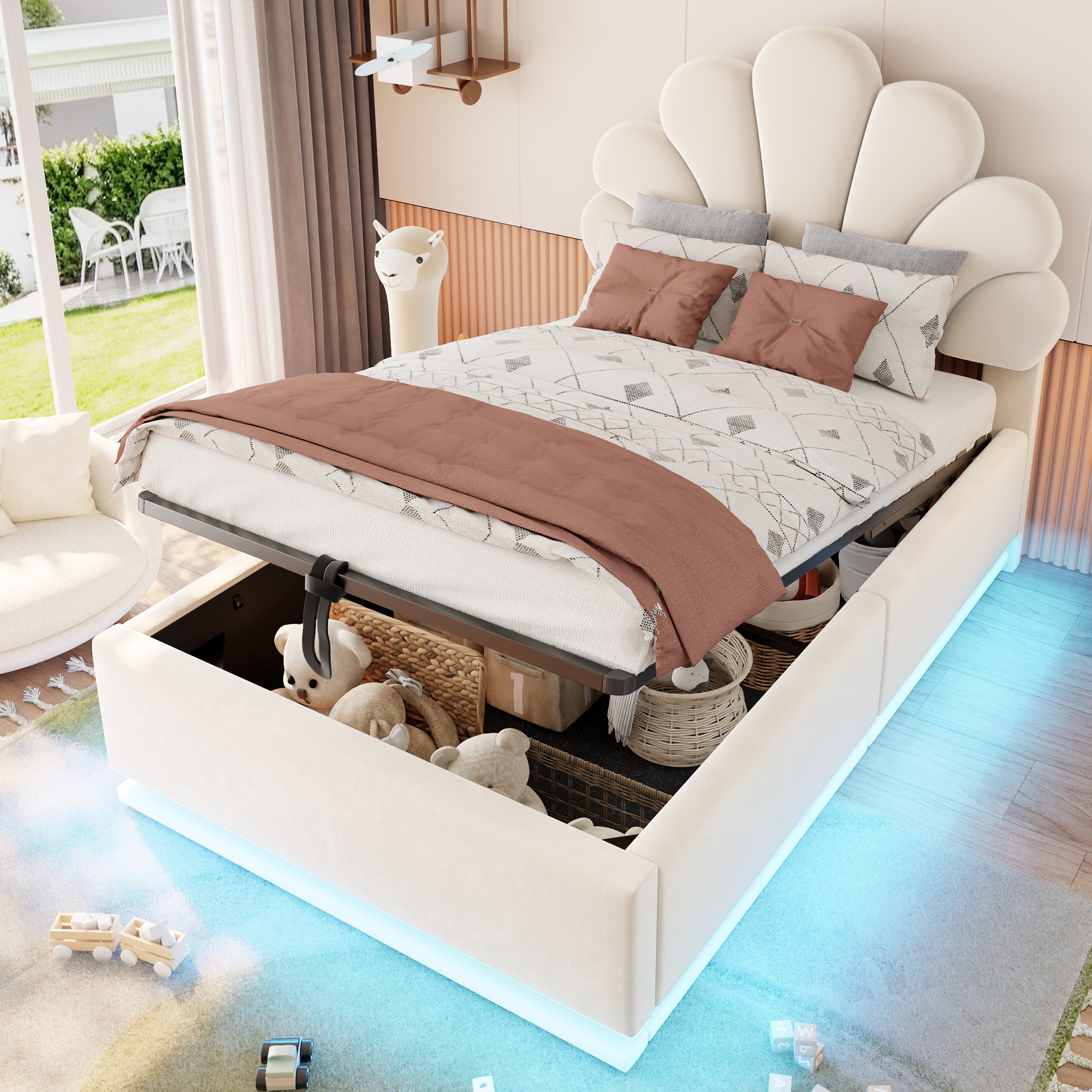 Upholstered Bed 90x200cm, Flower Headboard & Storage, Beige Velvet