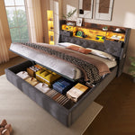 Upholstered Bed 140x200cm with LED Headboard & Storage, Grey Linen