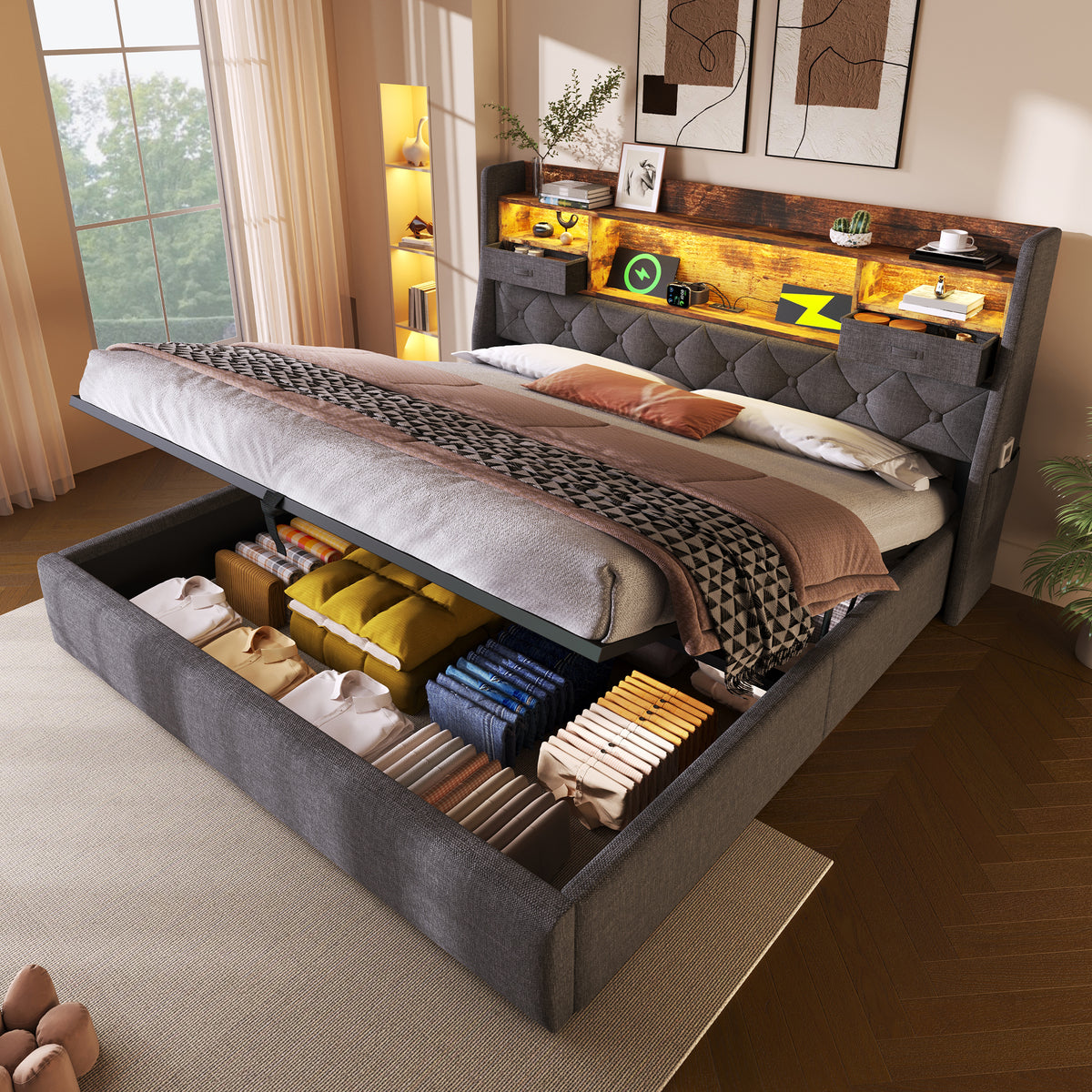 Upholstered Bed 140x200cm with LED Headboard & Storage, Grey Linen