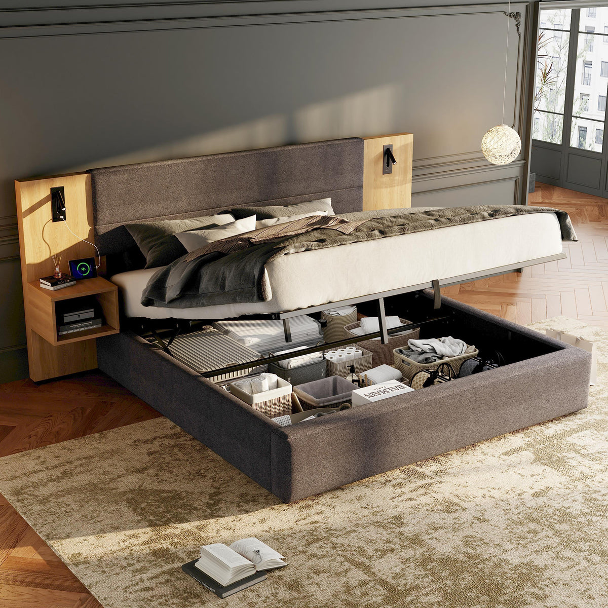 Upholstered Bed 180x200cm with LED & 2 Nightstands, Grey Velvet