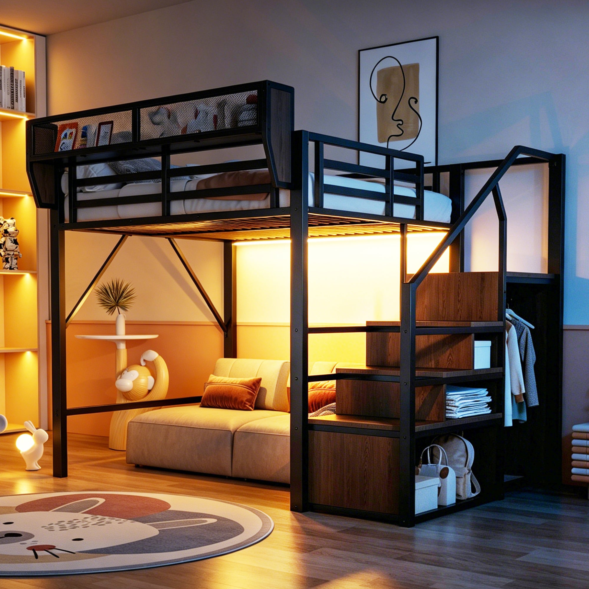 Loft Bed 140x200 with LED Light Strip & Storage, Black