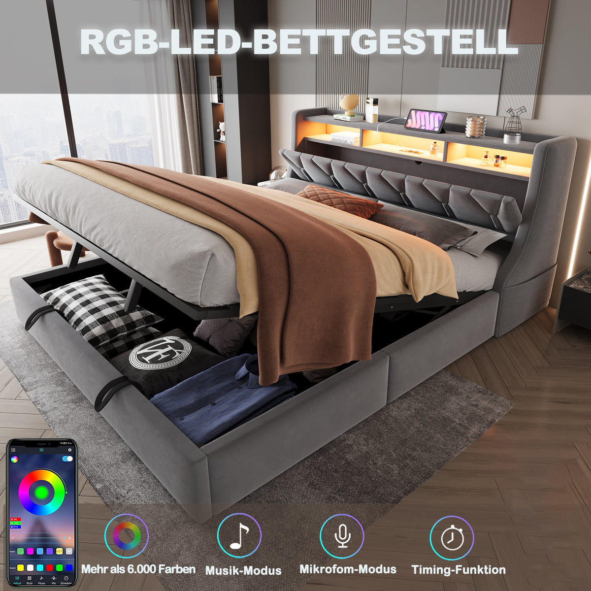 Upholstered Storage Bed 180x200 with LED & Power Outlet, Grey Velvet