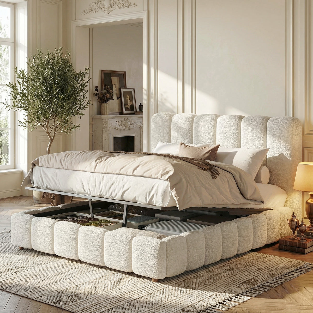 Upholstered Double Bed 140x190cm, Hydraulic Storage, White Bouclé