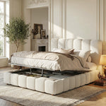 Upholstered Double Bed 140x200cm Hydraulic Storage White Bouclé