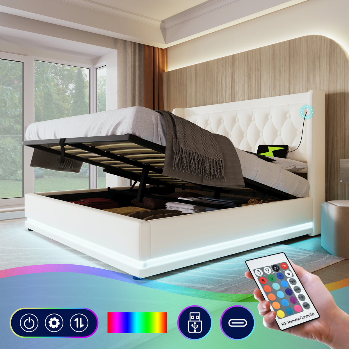 Upholstered Double Bed 180x200 with Storage & LED, White PU