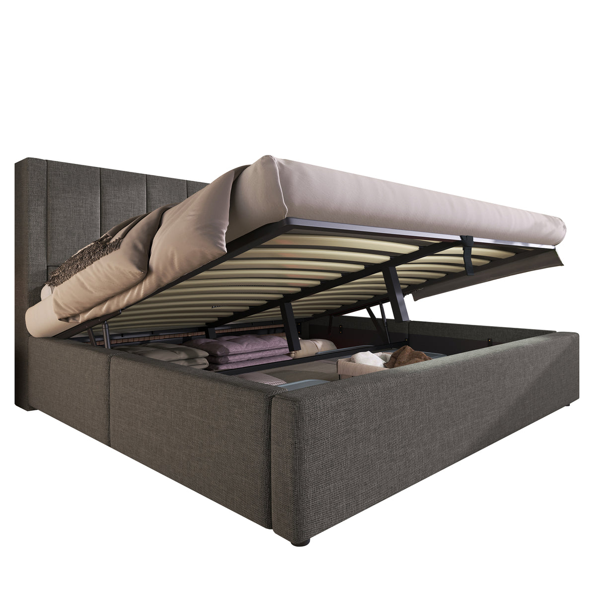 Wooden Double Bed 160x200cm with Storage & LED, Light Oak