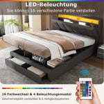 Upholstered Storage Bed 140x200cm LED Light & Drawers, Grey Linen