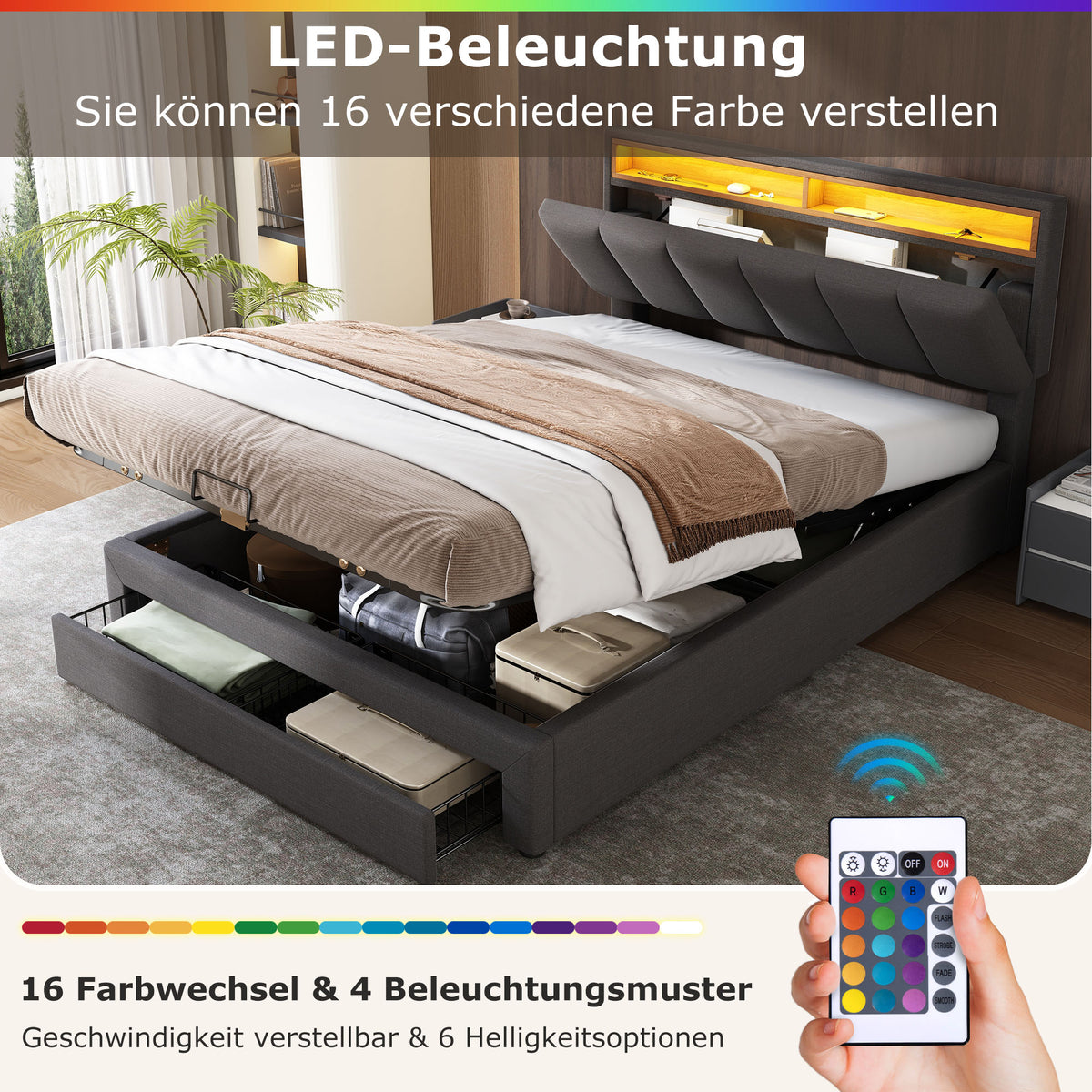 Upholstered Storage Bed 140x200cm LED Light & Drawers, Grey Linen