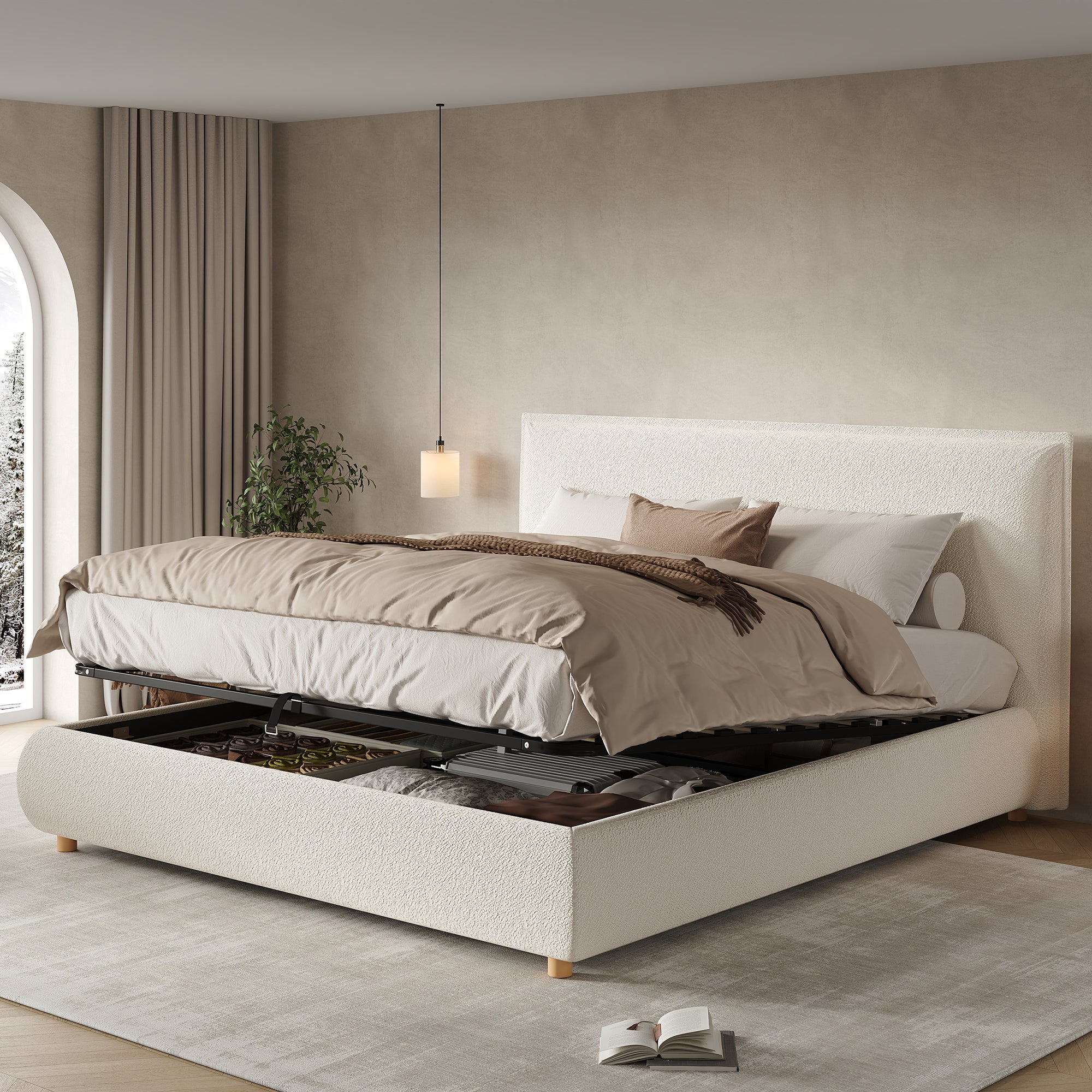 Upholstered Double Bed 180x200cm Hydraulic Storage White Bouclé