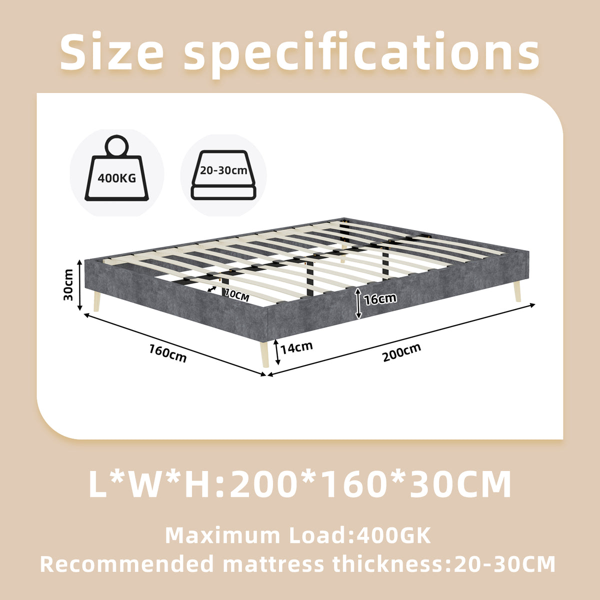 Modern Minimalist Bed Frame 160x200cm with Mattress Gray Dutch Velvet