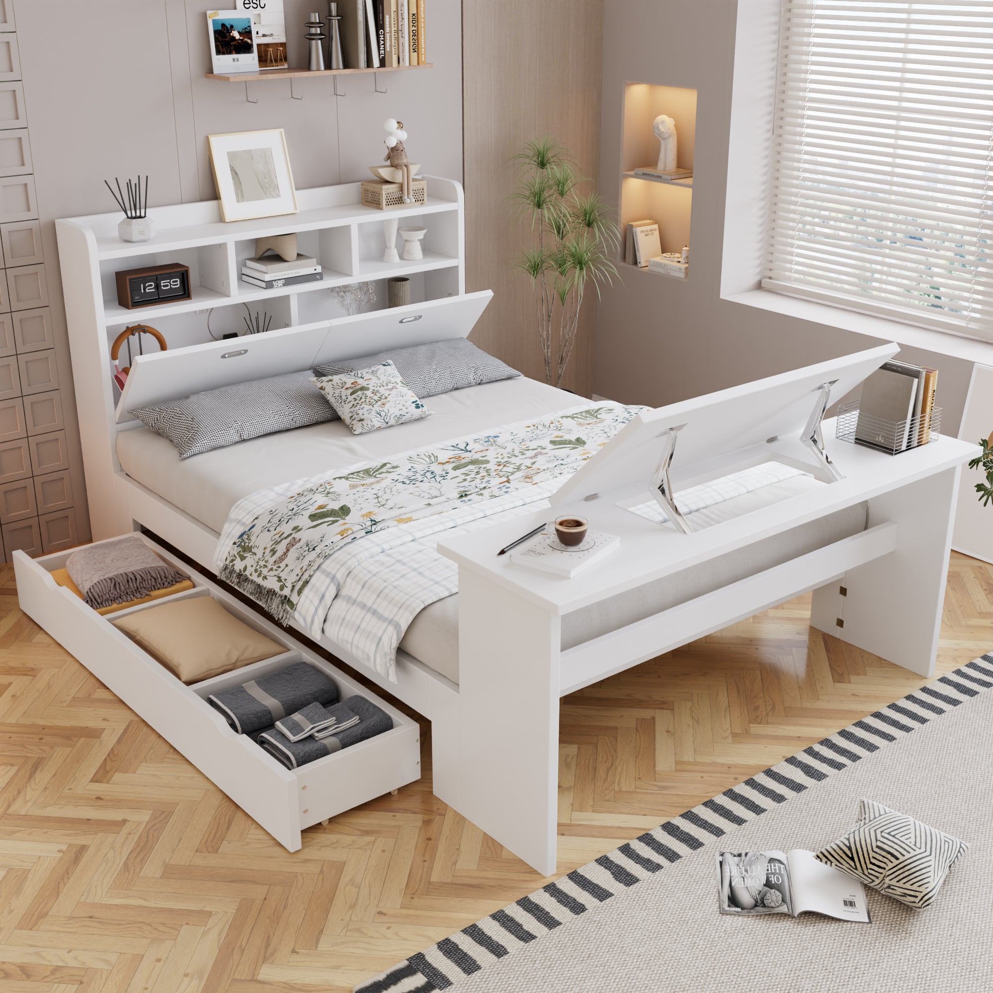 Children's Bed 140x200cm with Storage & Desk in White Wood
