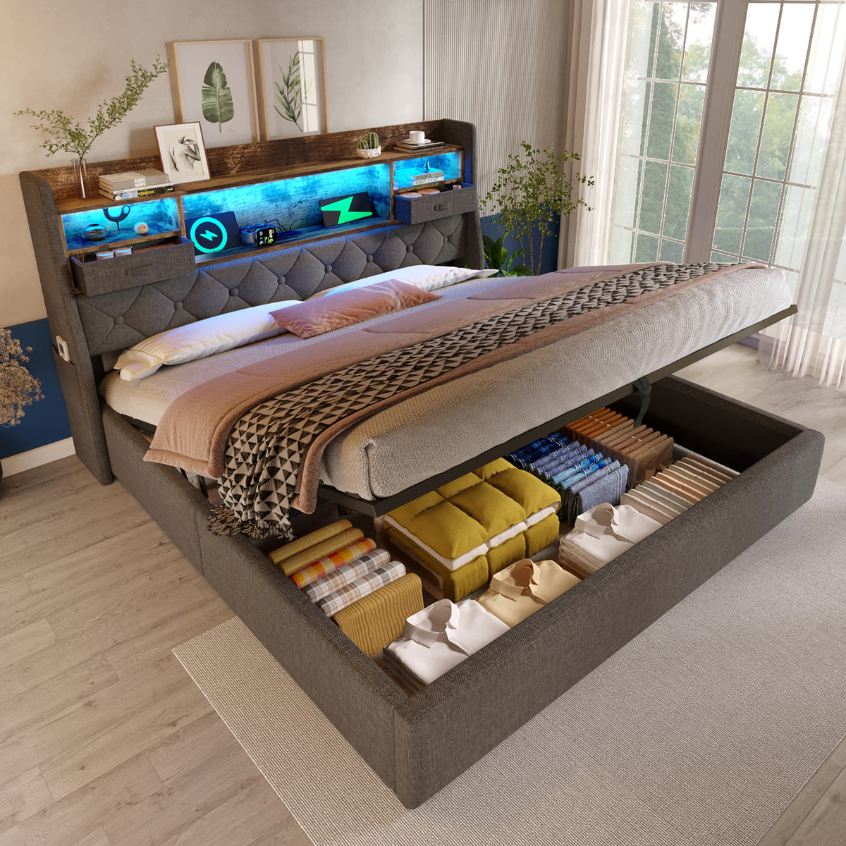 Upholstered Bed 140x190cm with Storage & LED, Grey Linen