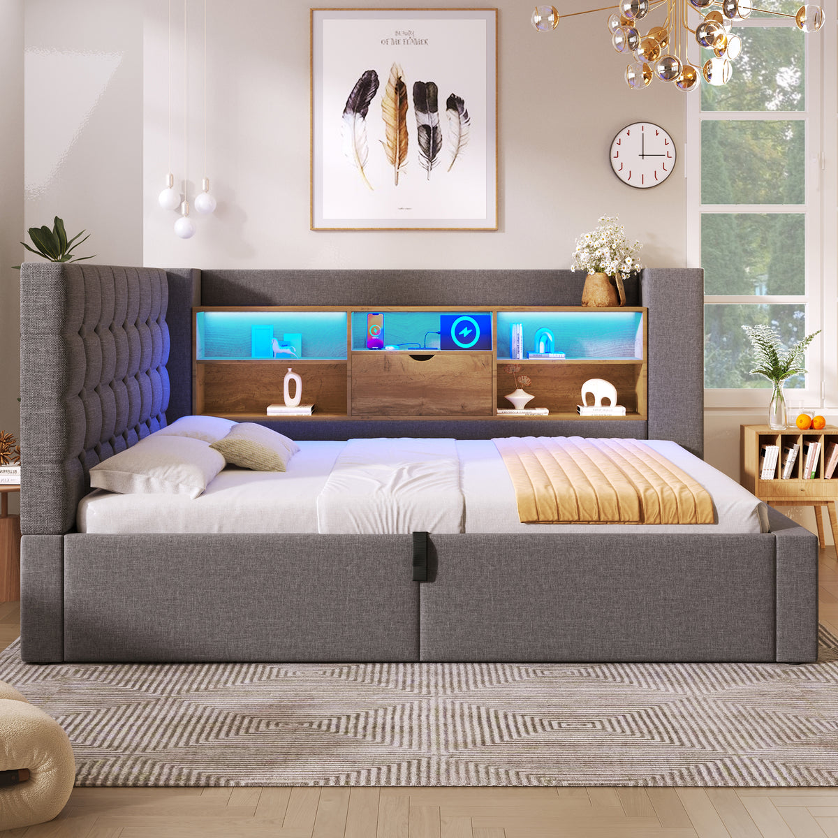 Upholstered Double Bed 180x200cm Hydraulic Storage, Grey Linen