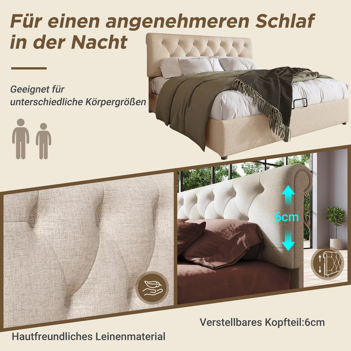 Hydraulic Upholstered Bed 140x200cm with Storage, Natural