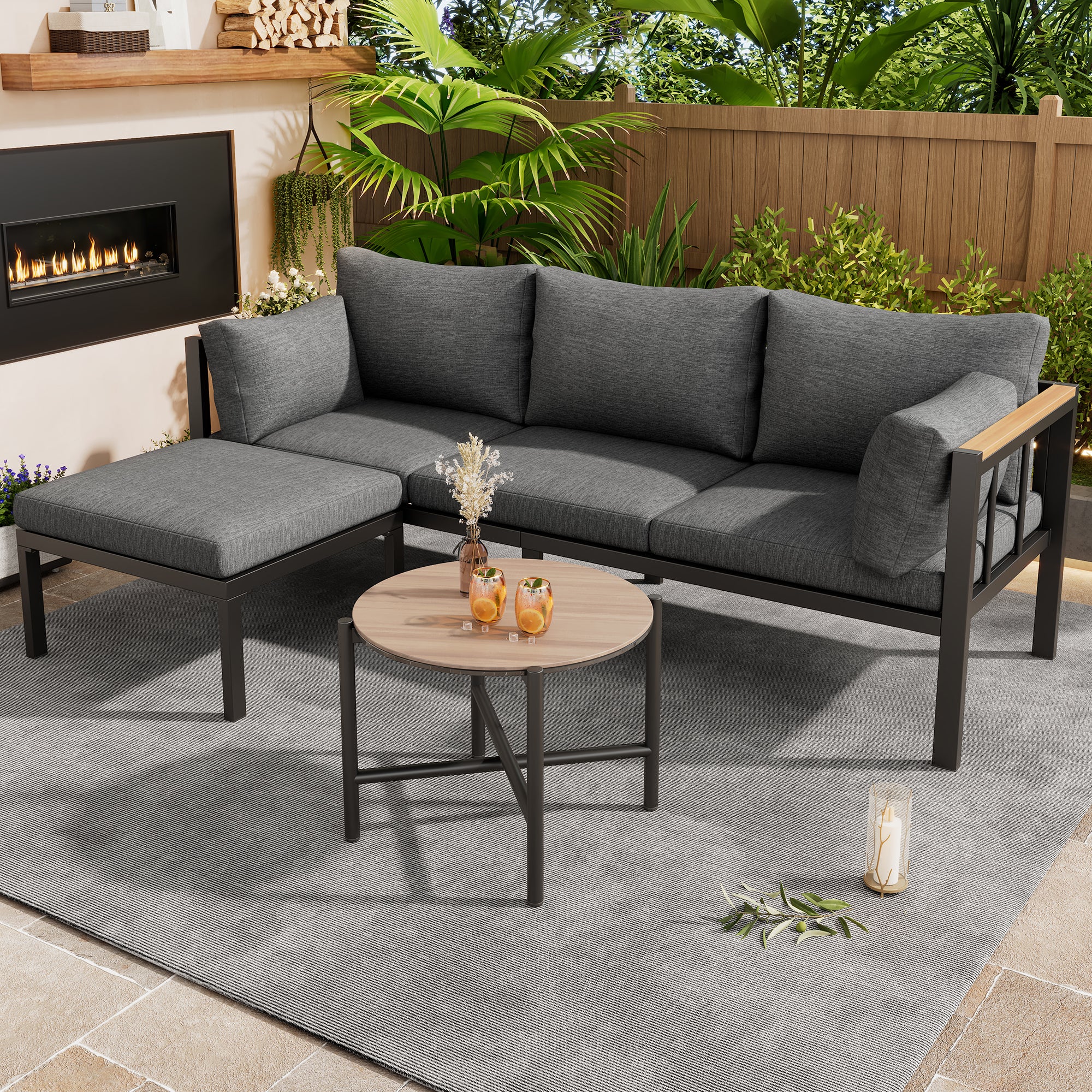 Garden Furniture Set Corner Suite with Sofa, Table & Stool, Grey