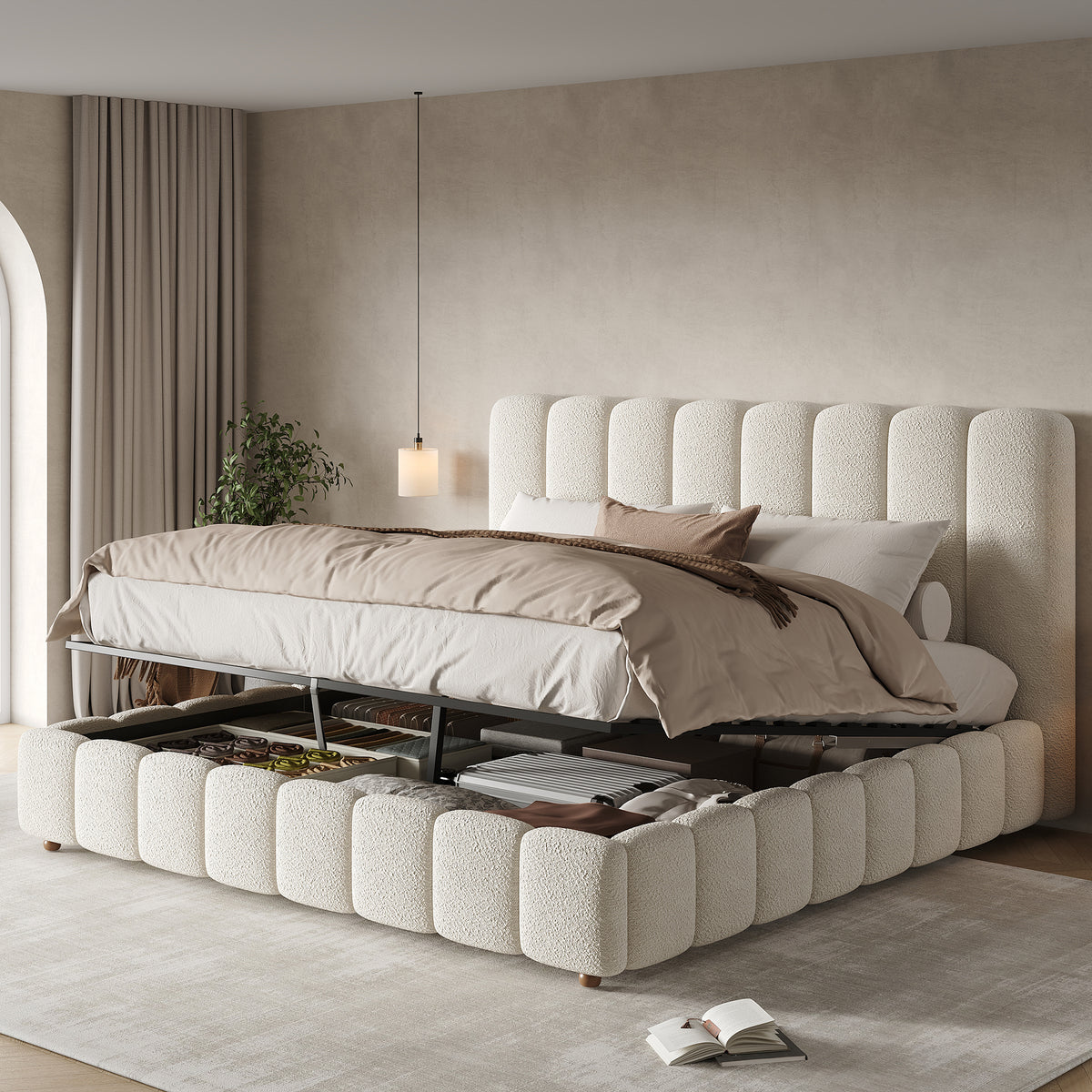 Upholstered Double Bed 180x200cm with Storage, White Bouclé