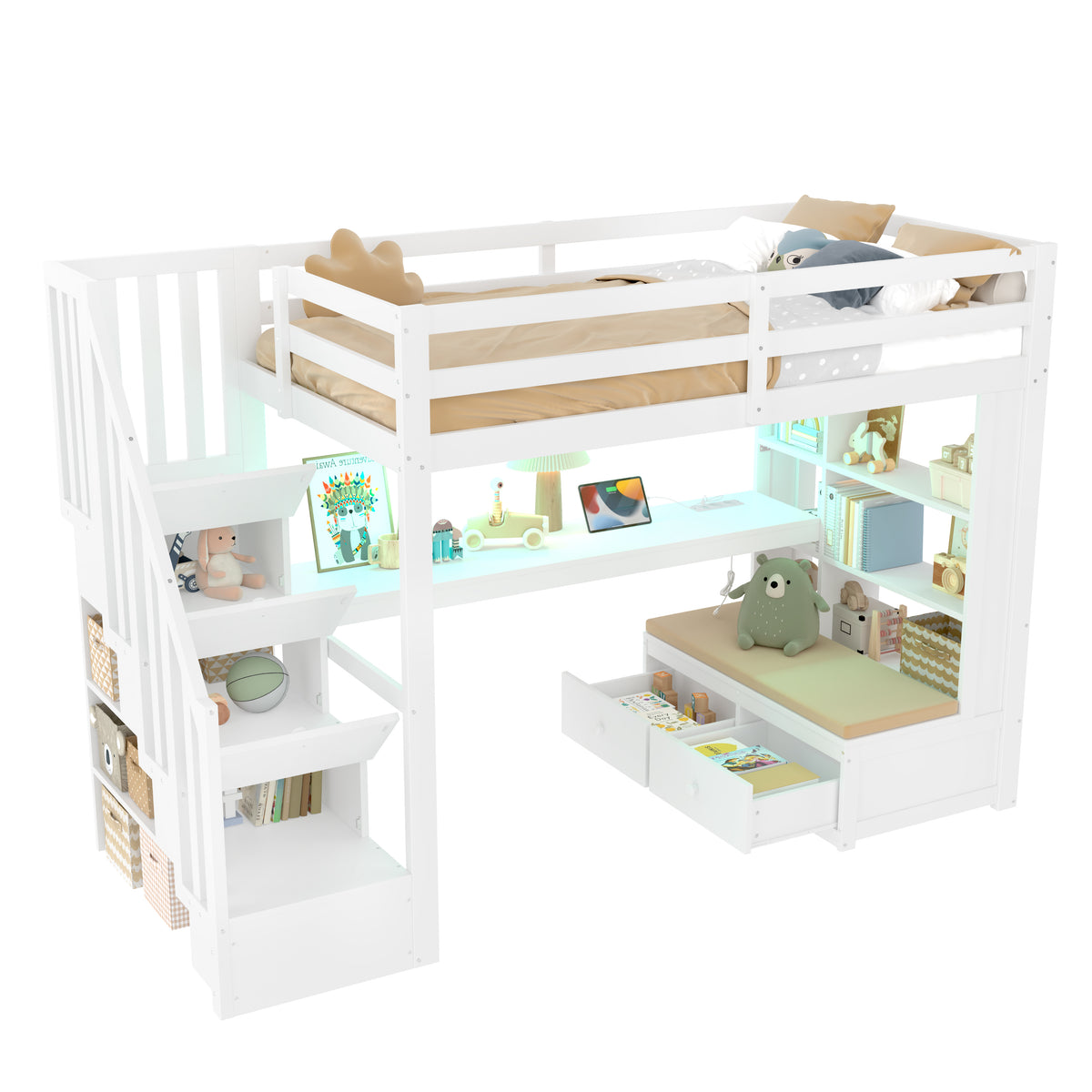 Loft Bed 90x200 with Desk, Shelves & Storage Stairs, White