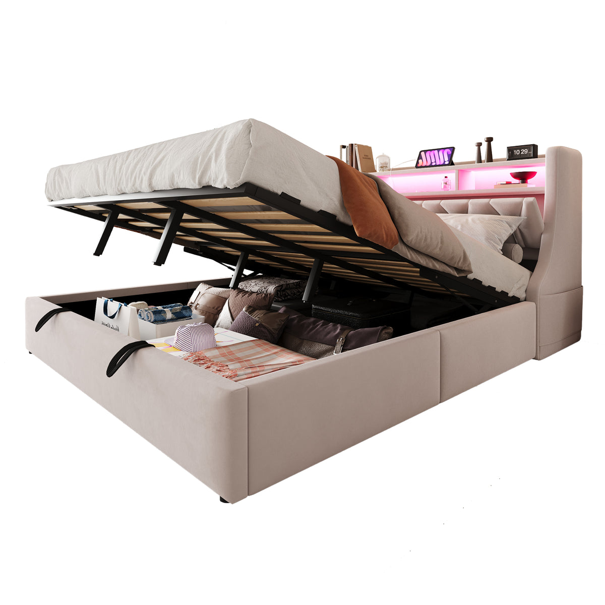 Upholstered Bed 180x200 with Hydraulic Storage & LED, Beige Velvet