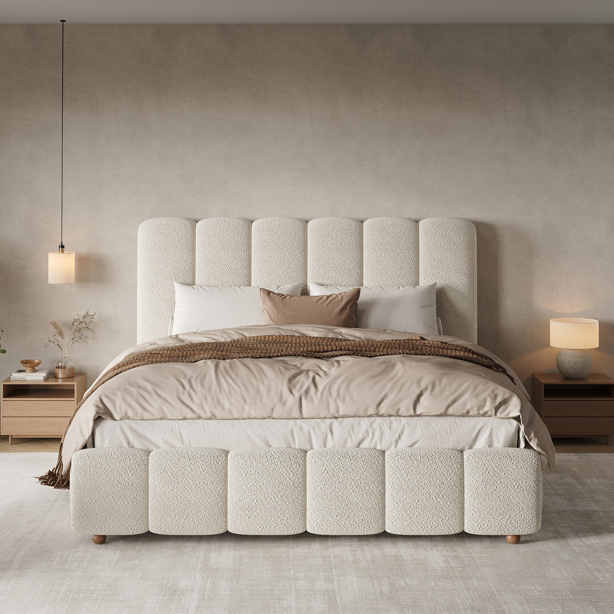 Upholstered Double Bed 140x200cm Hydraulic Storage White Bouclé