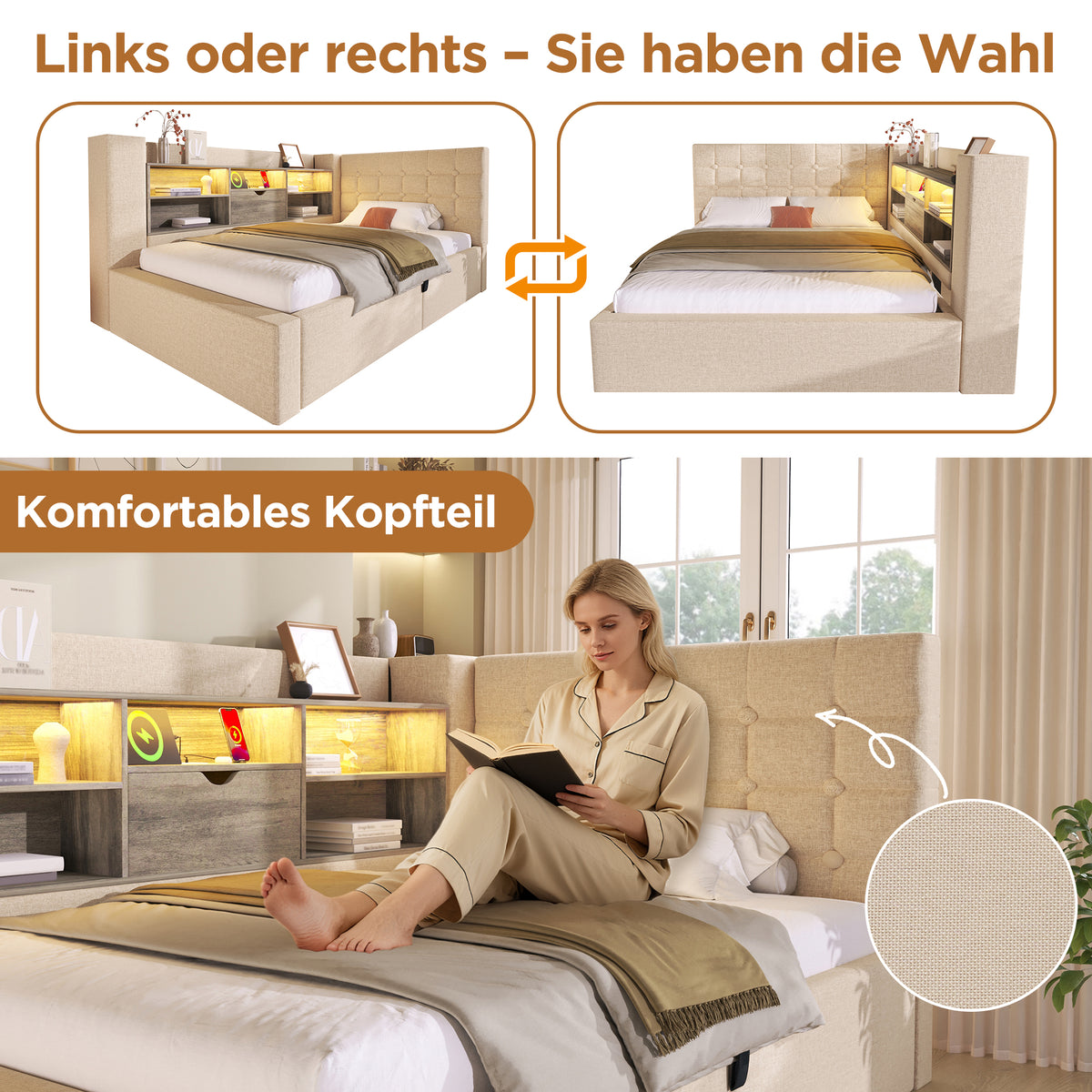 Upholstered Bed 140x200 with LED & Storage, Beige Linen