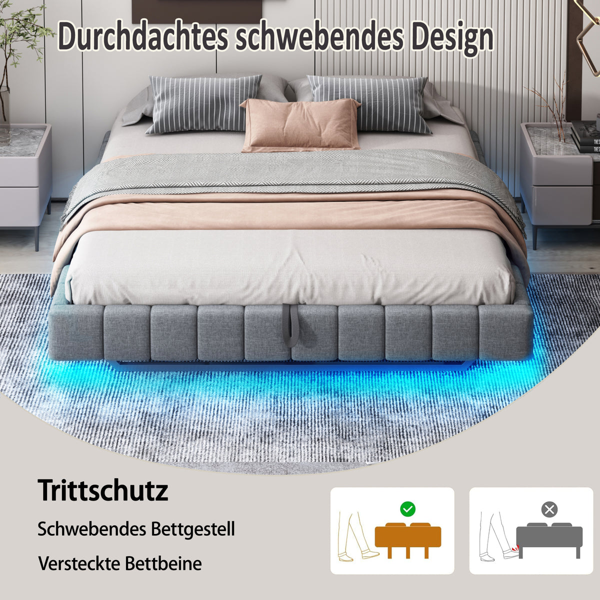 Upholstered Floating Bed 140x200 Hydraulic Storage LED, Grey Linen