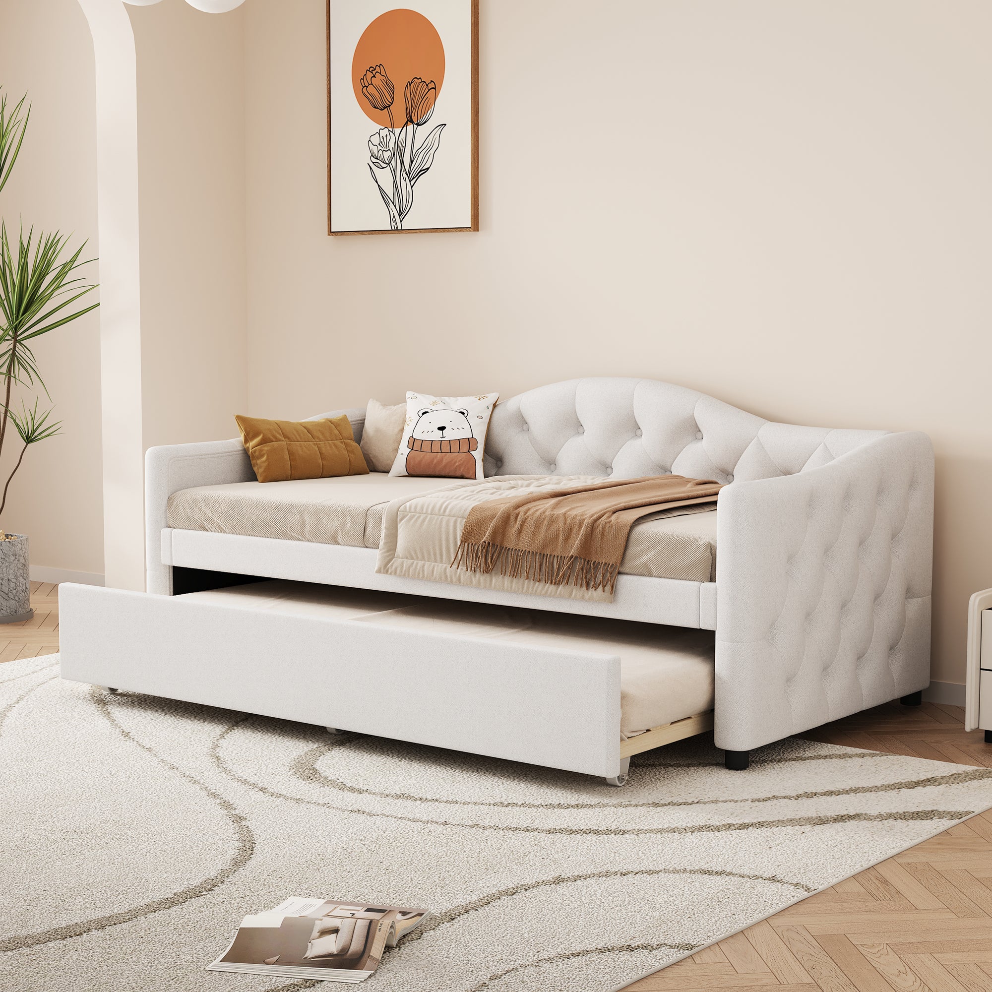 Daybed 90x200cm with Pull-Out Bed, Sofa Bed - Beige Linen