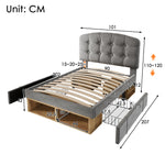 Single Upholstered Bed 90x200 with Drawers, Grey Velvet