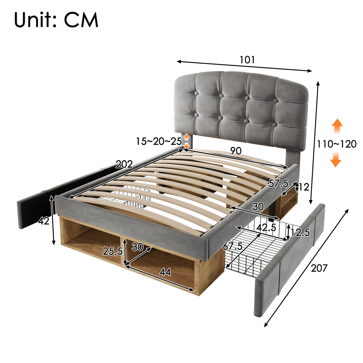 Single Upholstered Bed 90x200 with Drawers, Grey Velvet