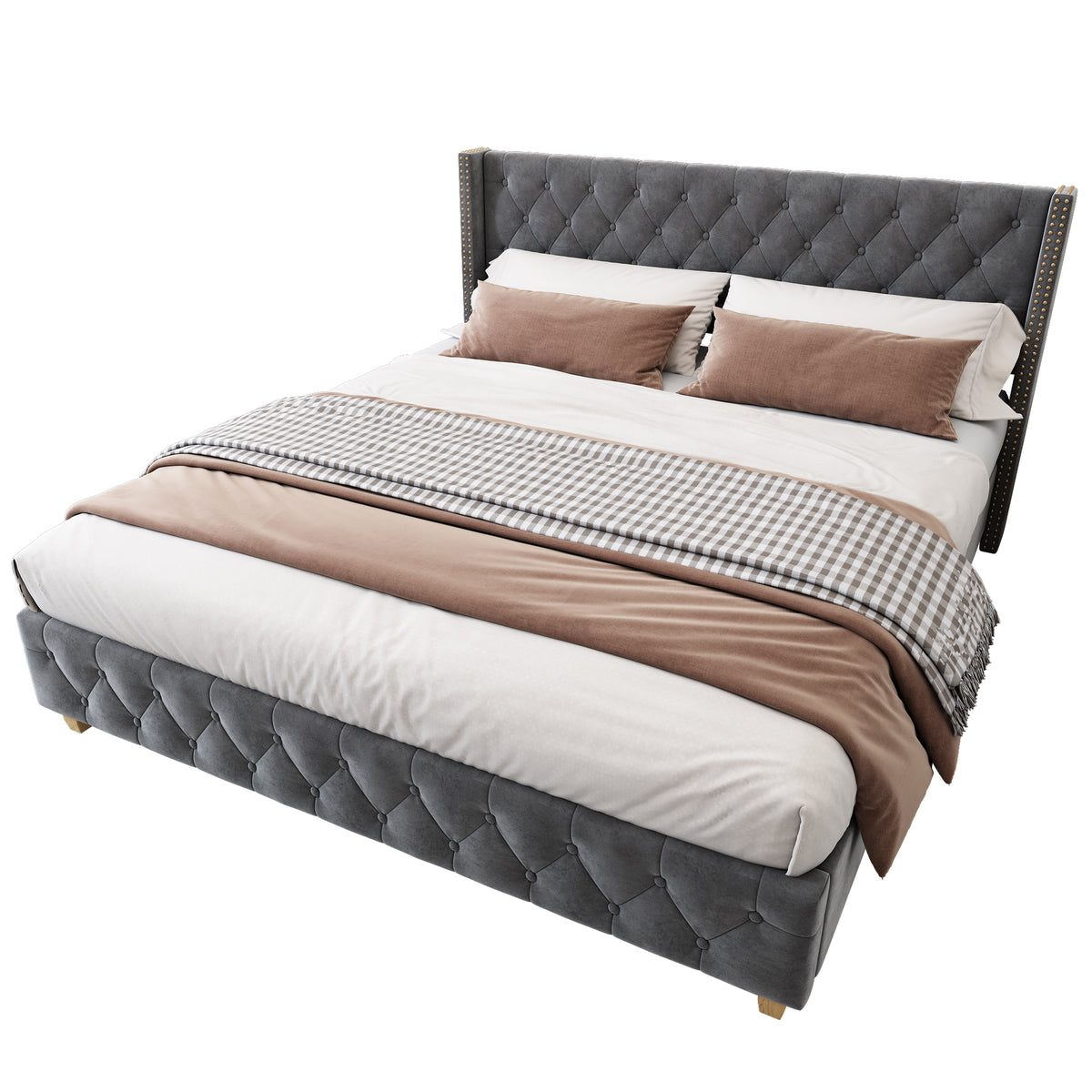 Upholstered Bed 140x190cm with Slatted Frame, Grey Velvet