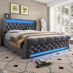 Modern Upholstered Bed 160x200cm with LED & Storage, Grey Velvet