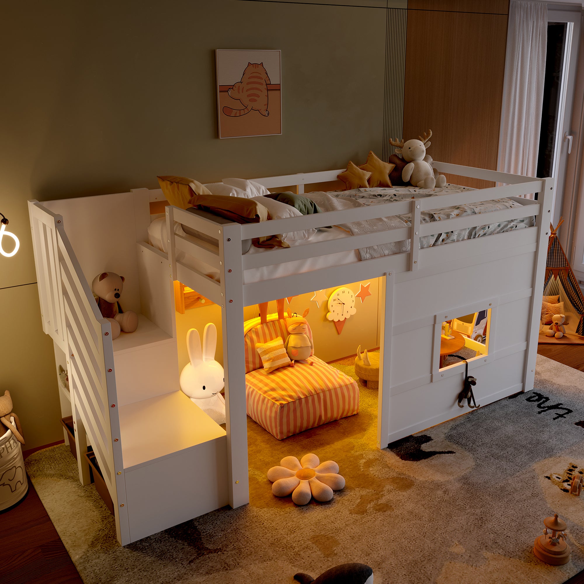 Loft Bed 90x200cm with Storage Stairs & Window, White