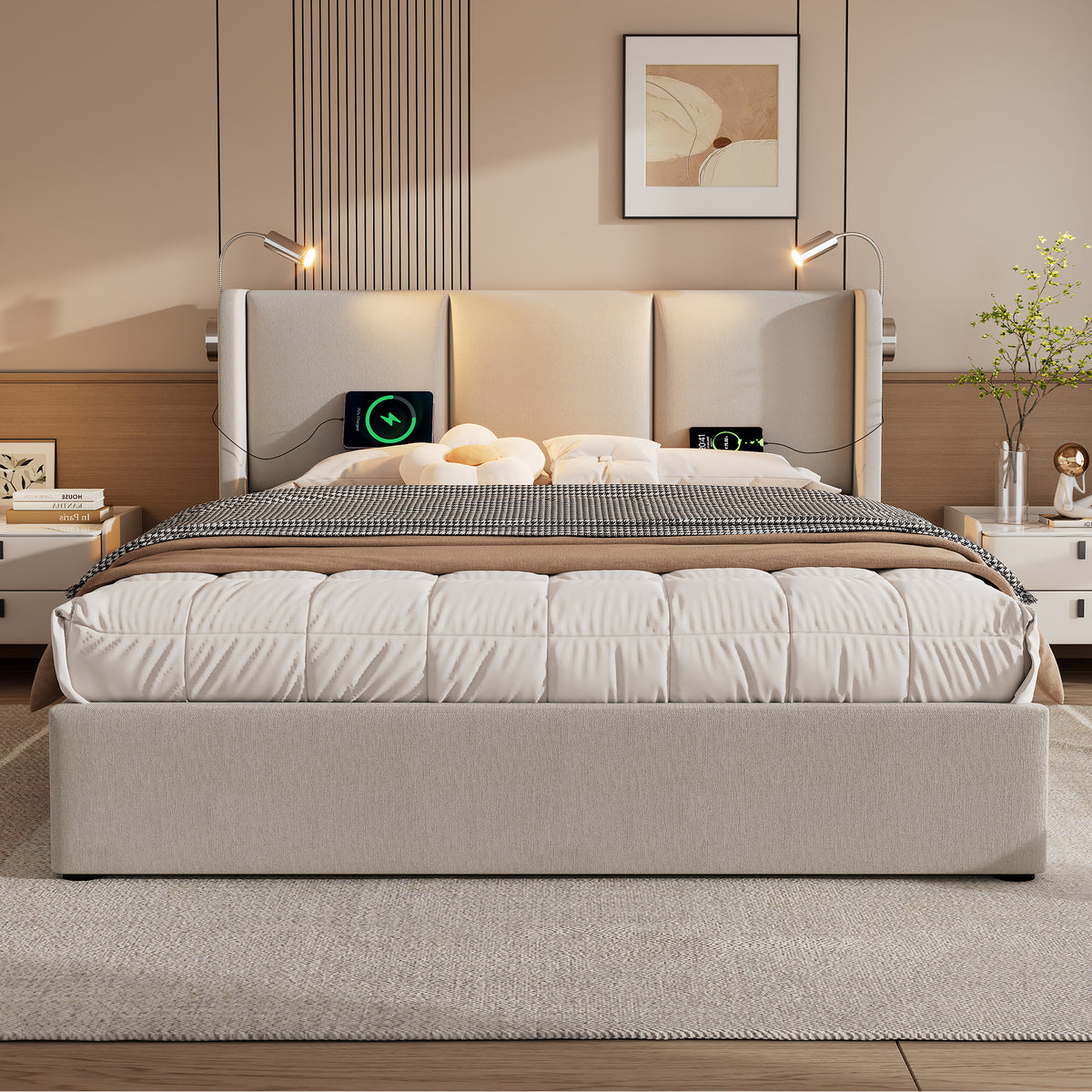 Upholstered Double Bed 180x200 with Storage & LED, Beige Linen