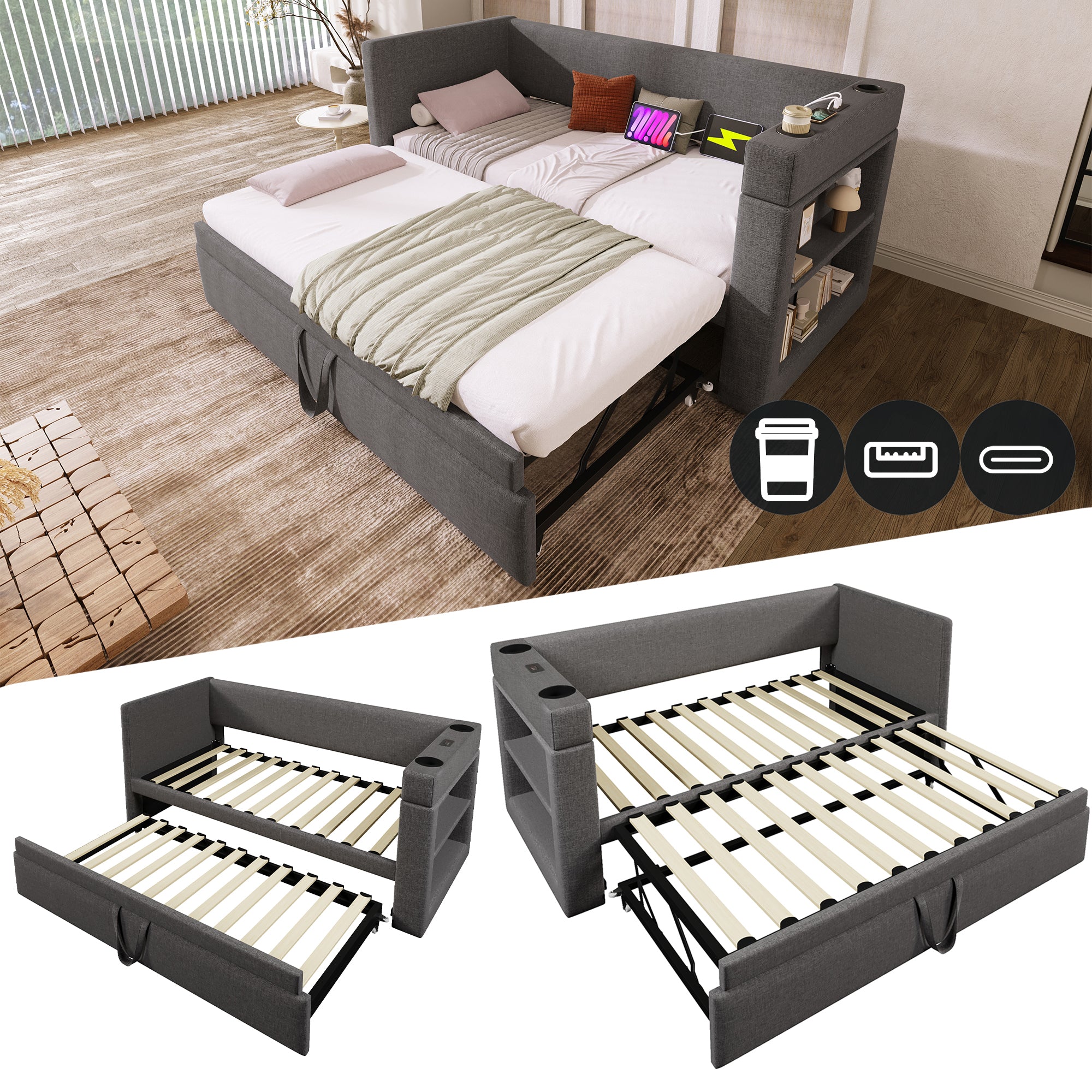 Upholstered Bed 140x200cm with USB, Storage & LED, Grey