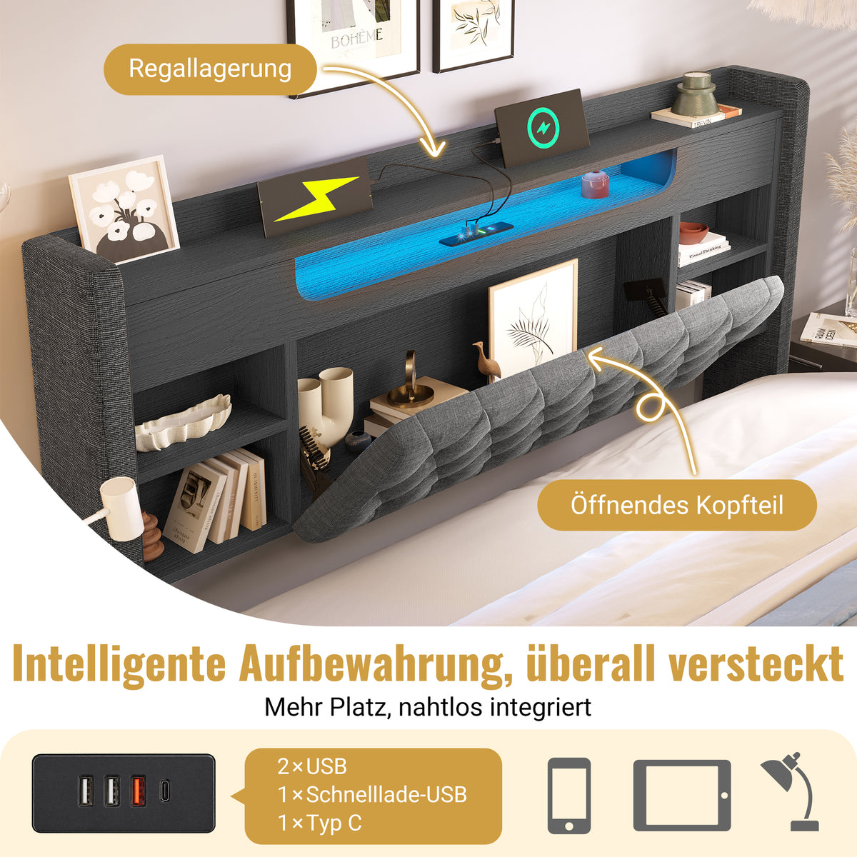 Upholstered Bed 180x200 with Hydraulic Storage & LED, Grey Linen