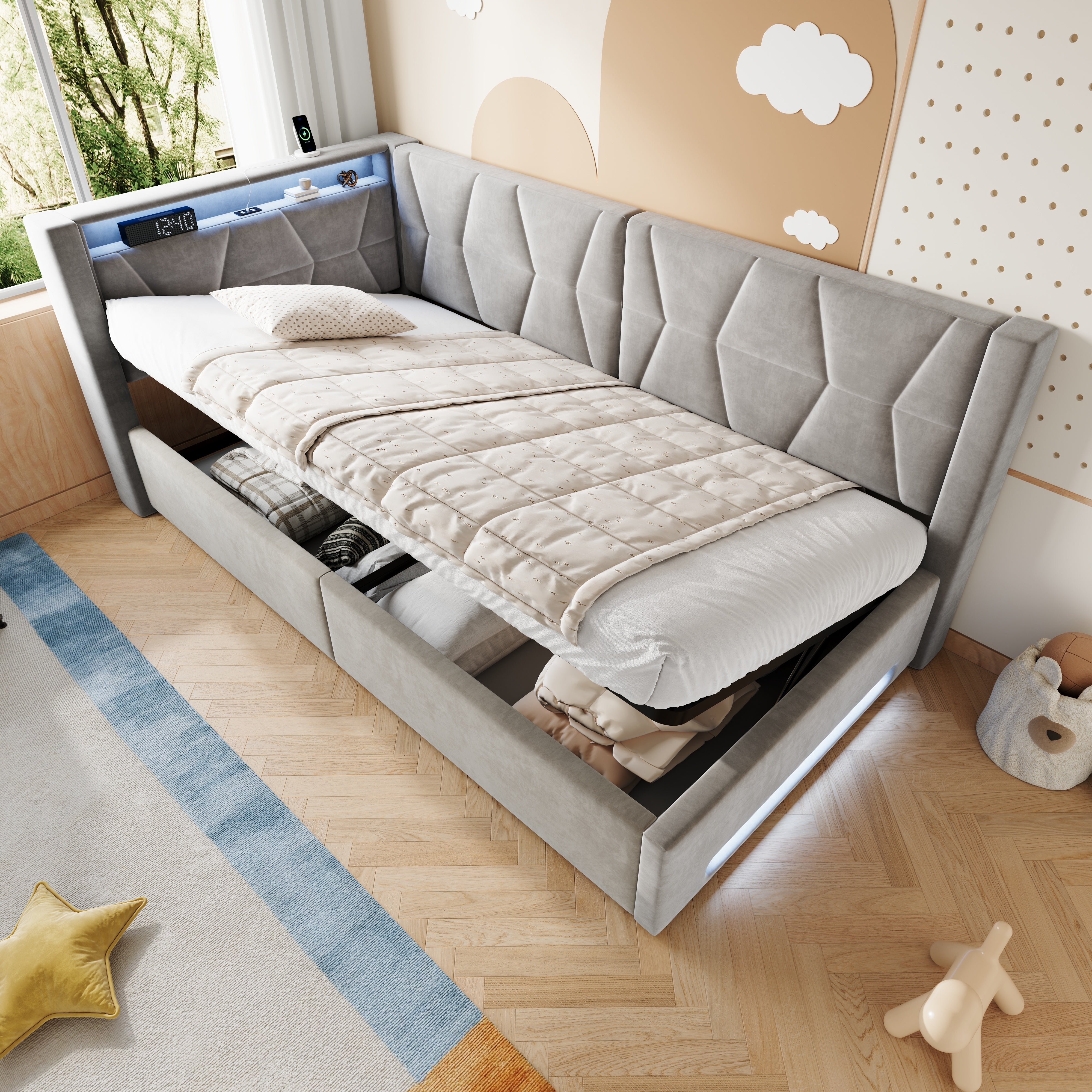 Upholstered Bed 90x200 cm with Storage & LED, Grey Velvet
