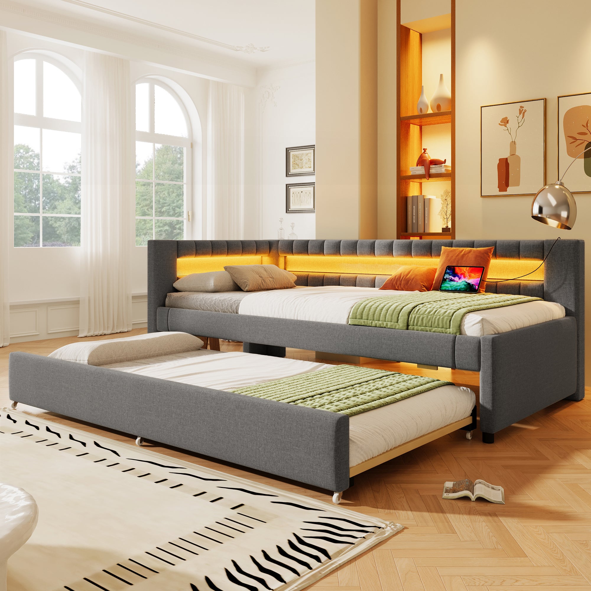 Daybed Sofa Bed 90x200cm with Trundle & LED, Grey Linen