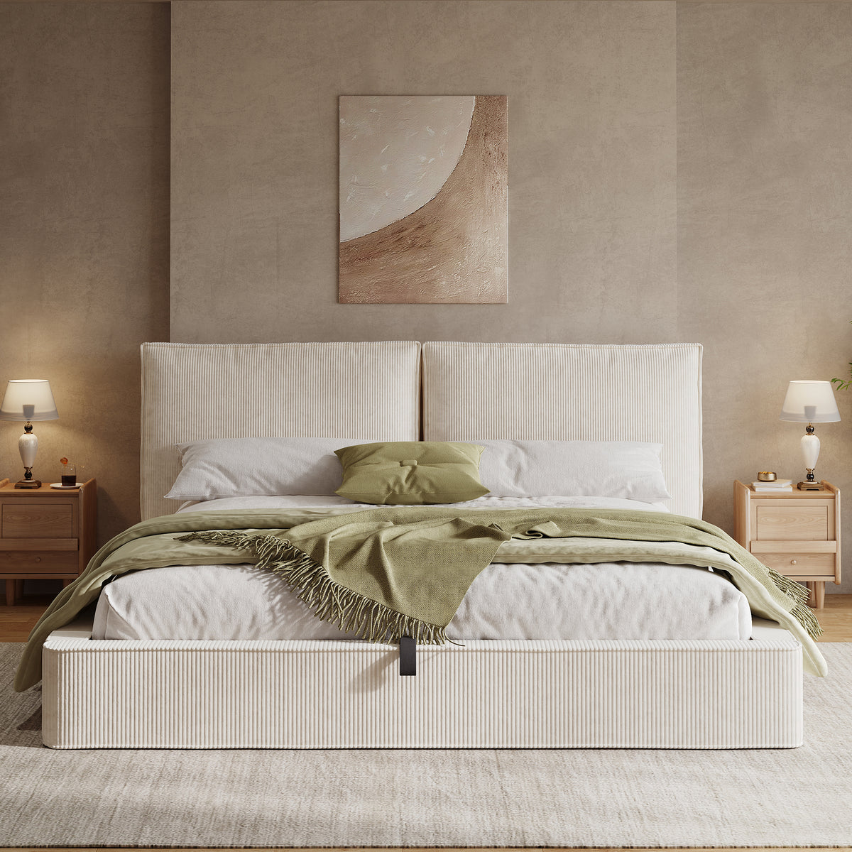 Upholstered Double Bed 180x200cm, Hydraulic Frame, Beige Corduroy