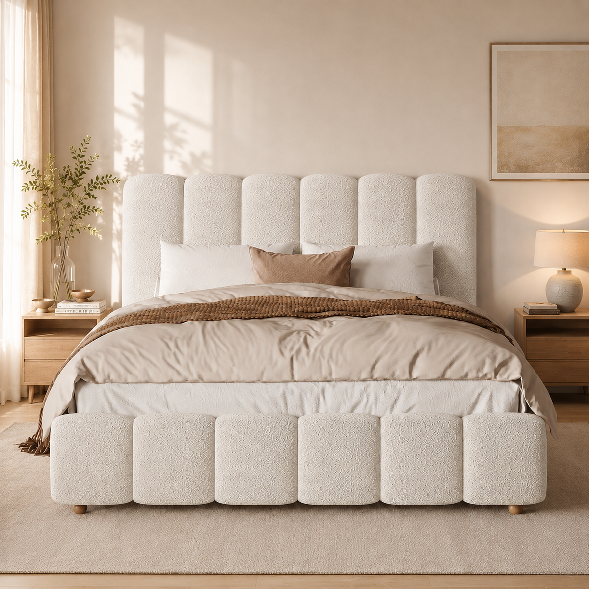 Upholstered Double Bed 140x190cm, Hydraulic Storage, White Bouclé