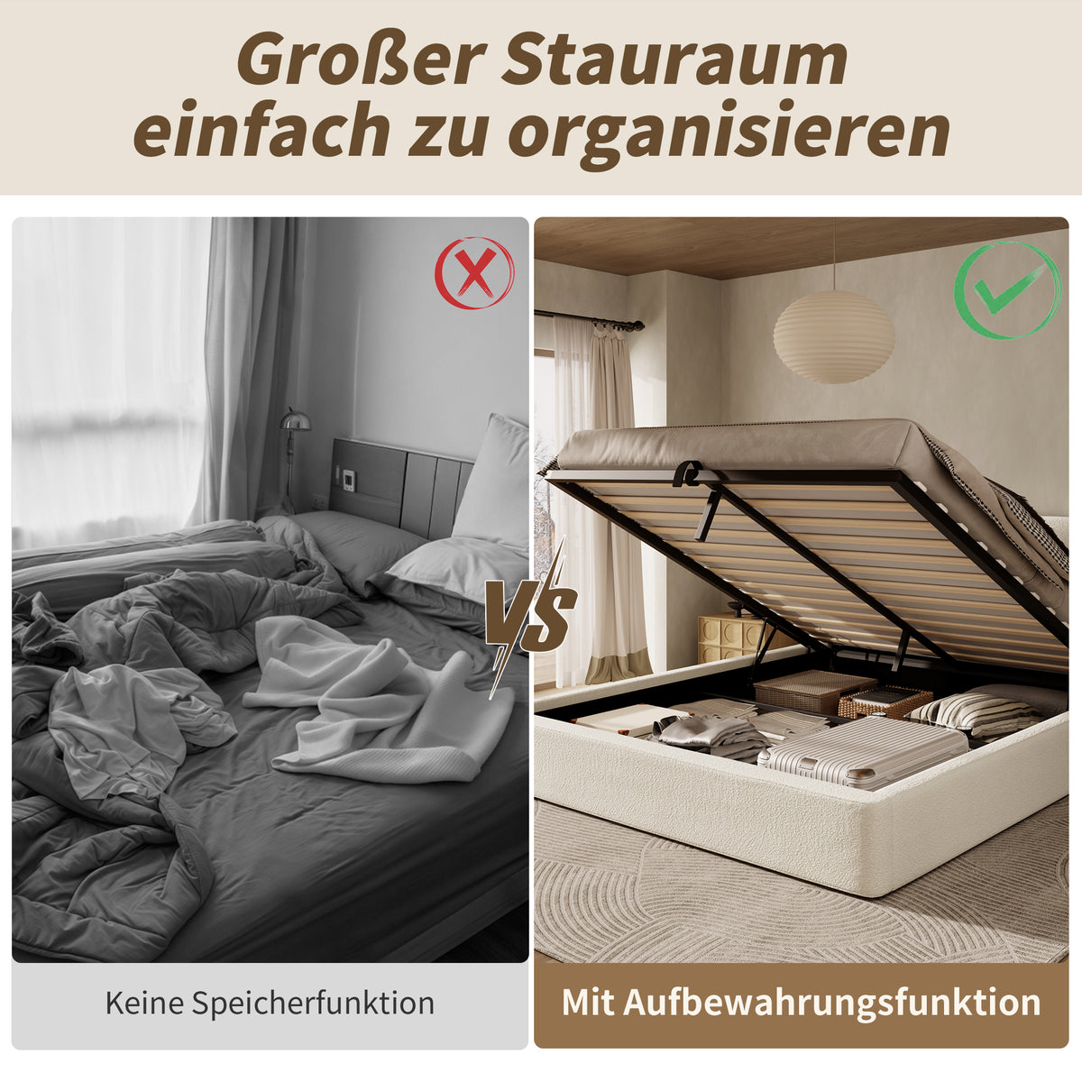 Upholstered Double Bed 160x200cm with Storage, Beige Bouclé